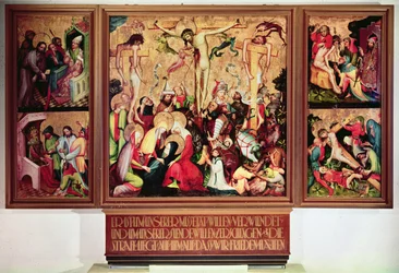 Die Kreuzigung, Triptychon mit Seitenflügeln, die Szenen aus der Passion darstellen